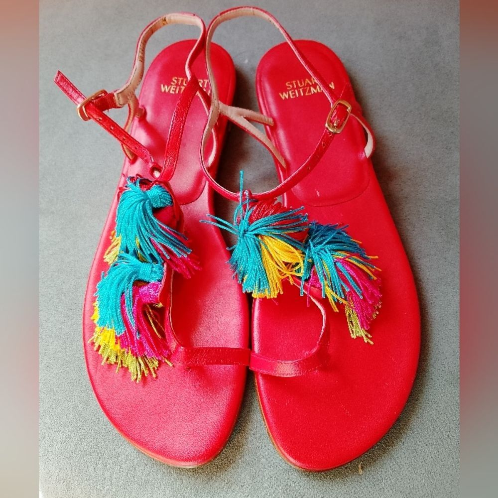 STUART WEIZTMAN Size 9.5 Vibrant Red Jabow Fringe Tassel Thong Sandals